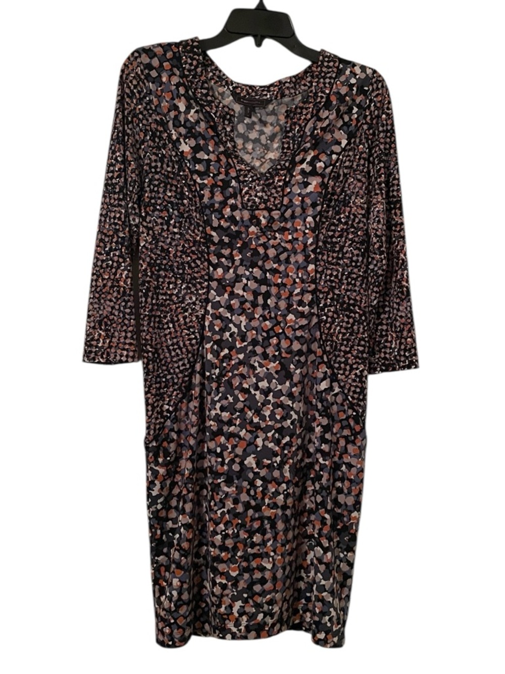 BCBGMaxazria Women's Black Orange Multicolor Abstract‎ Print V-Neck Dress Size M